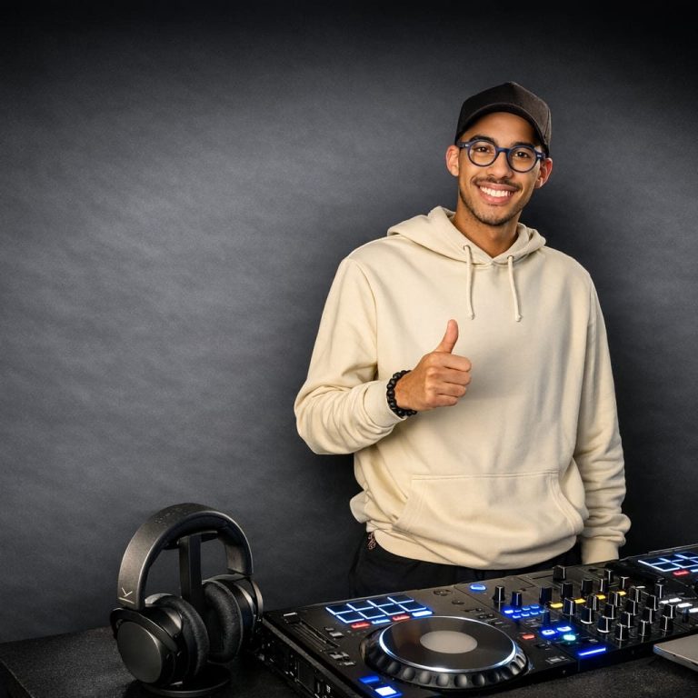 DJ souriant derrière un contrôleur, avec un casque posé à côté